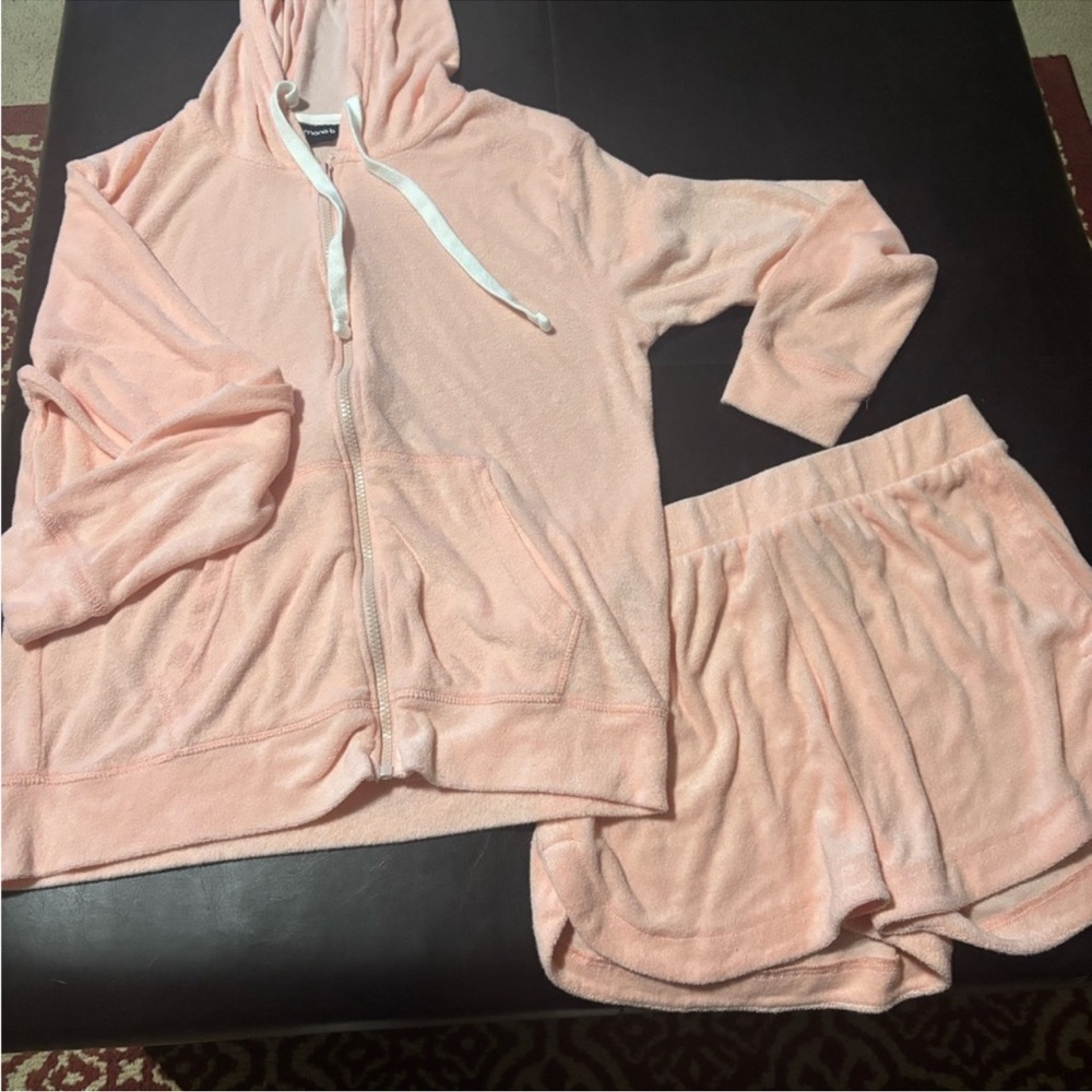 Peach Pink Mono B Set with Zip-Up Hoodie and Elastic Shorts